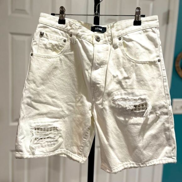 Just Cavalli Pants - Just Cavalli Distressed White Denim Shorts with Skull and Stud Detail - Size 31